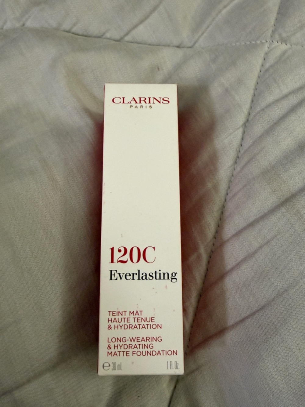 Clarins Everlasting 120C Matte Espresso Foundation - White Box with Red Text